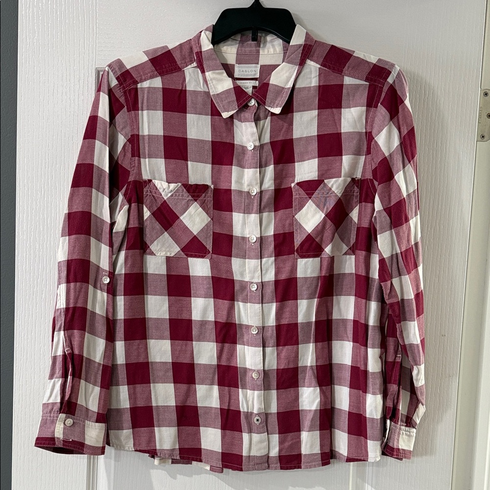 Caslon‎ Burgundy and Cream Checkered Shirt Button Up size petite XL